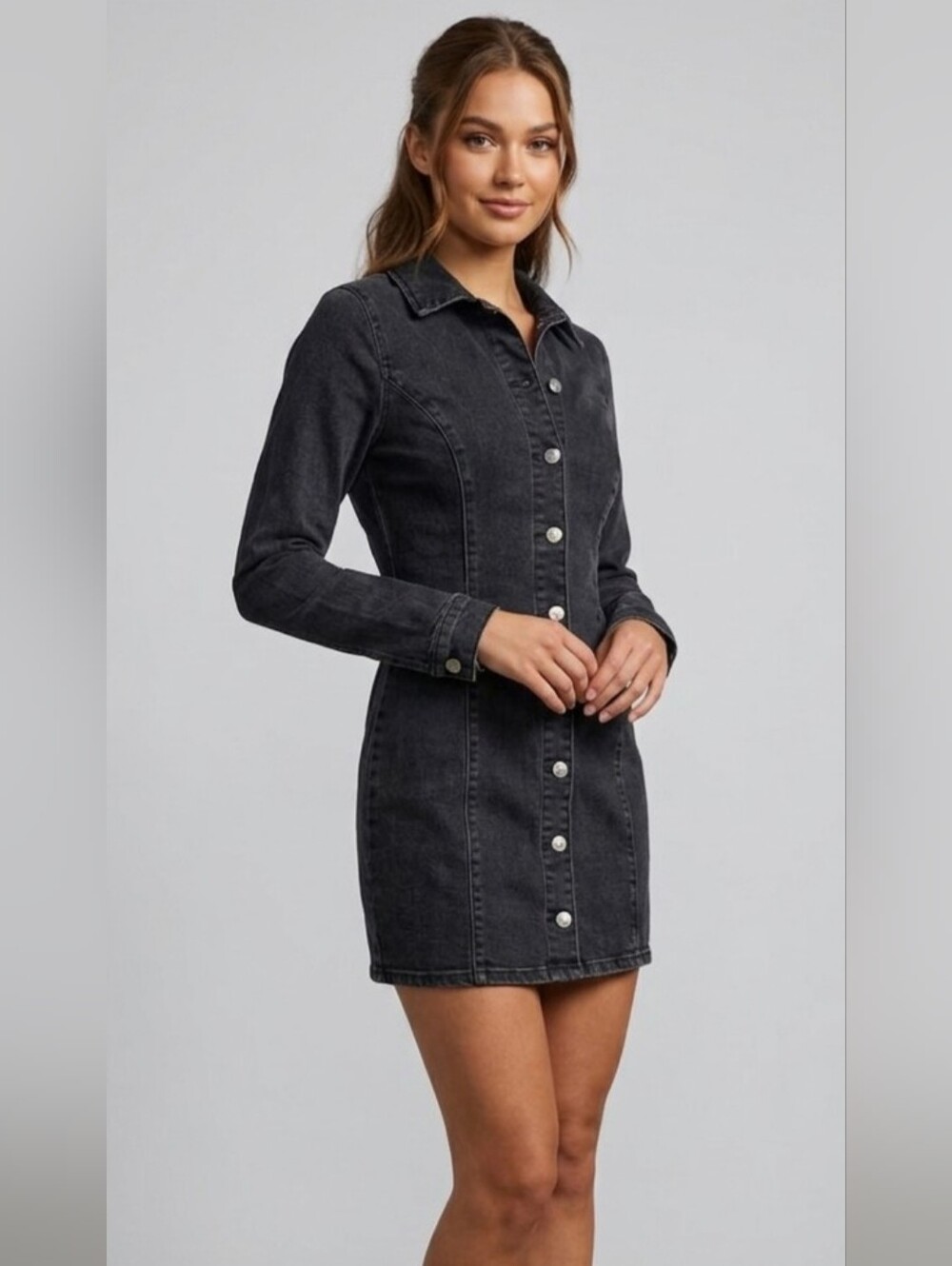 5 For $25✨️Zara Extra Small Xs Black Denim Button Longsleeved Dress Jean Dress